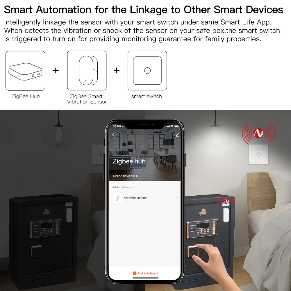 Moes Zigbee Smart Vibration Sensor Detection,Tuya Smart Life APP Notification,Real-Time Motion Shock Alarm,History Record