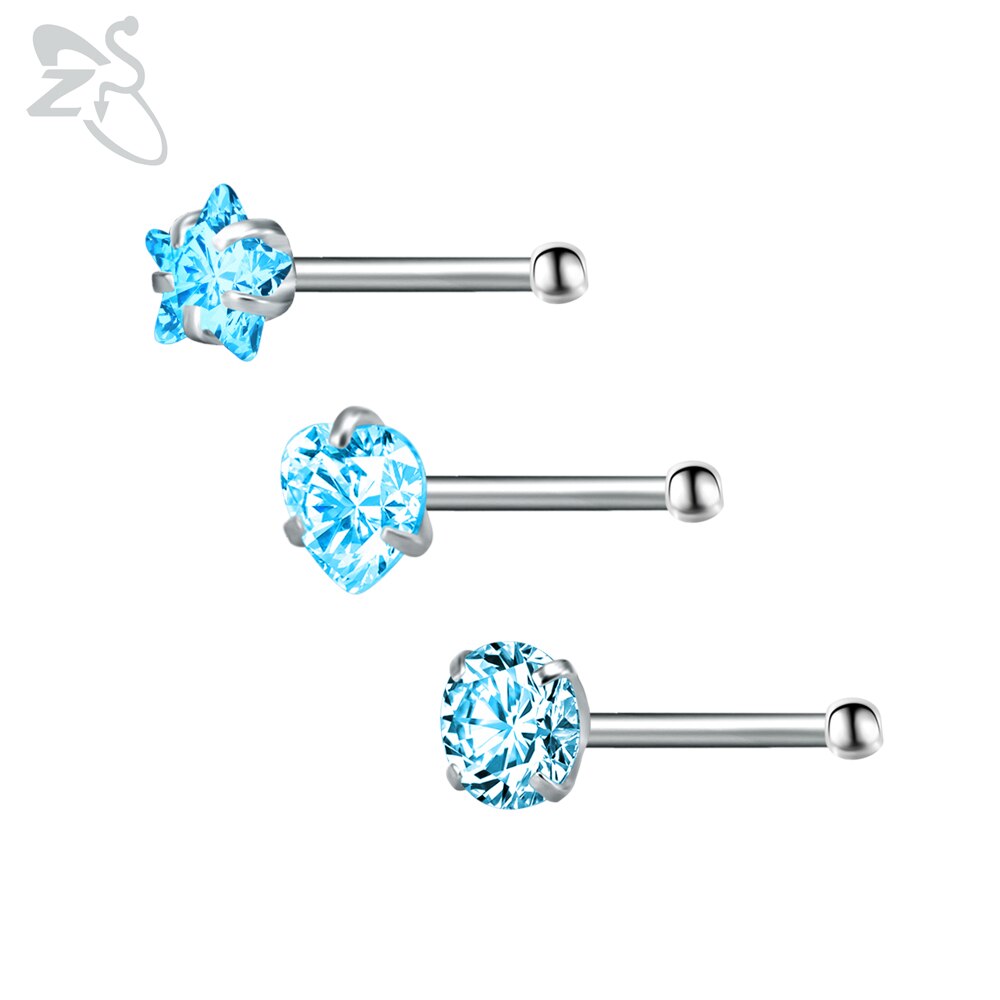 Zs piercing de nariz em aço inoxidável 3-12 porcelana, conjunto de pino redondo, estrela, coração, cristal cz, nariz, 3mm, forma de l, joia de piercing 20g: L-3pcs