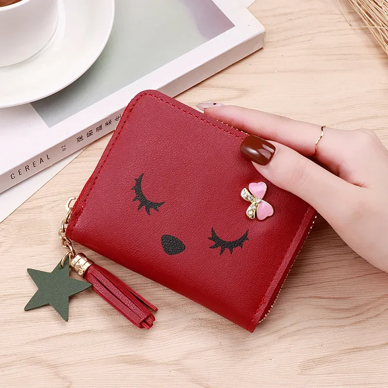 Women Small Coin Wallet Ladies Mini Tassel Wallet Cute Girl Short Purse Bags Zipper Lovely Leather Coin Purse Lady Hand Wallet: Chocolate