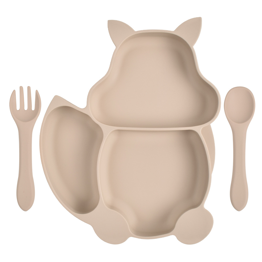 Baby Feeding Set Blue Silicone Suction Plate Squirrel Shape Self Feeding Training Stay Put Plate Soft Spoon Fork Dish Kit: 15