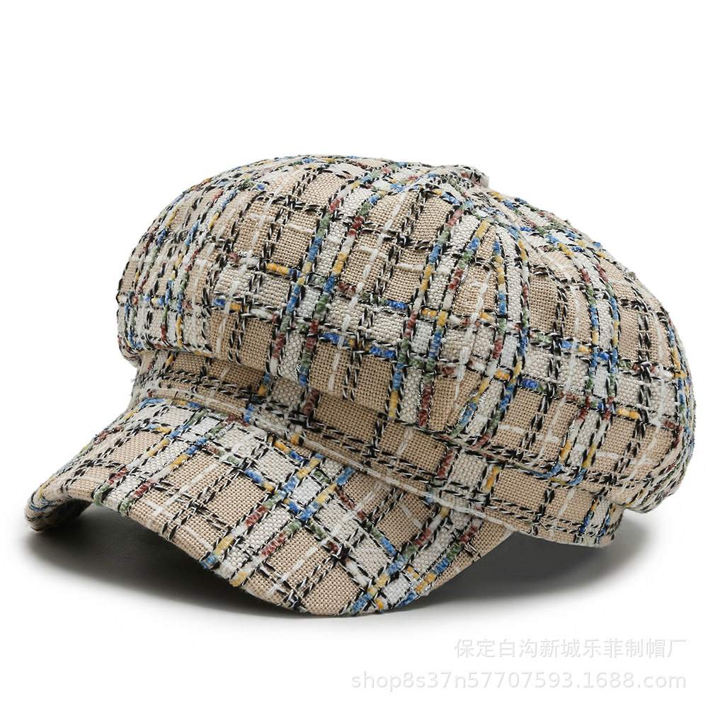 BUTTERMERE-gorros de invierno para mujer, gorra octogonal de de , Boina Vintage a cuadros, color caqui, negro y blanco: Default Title