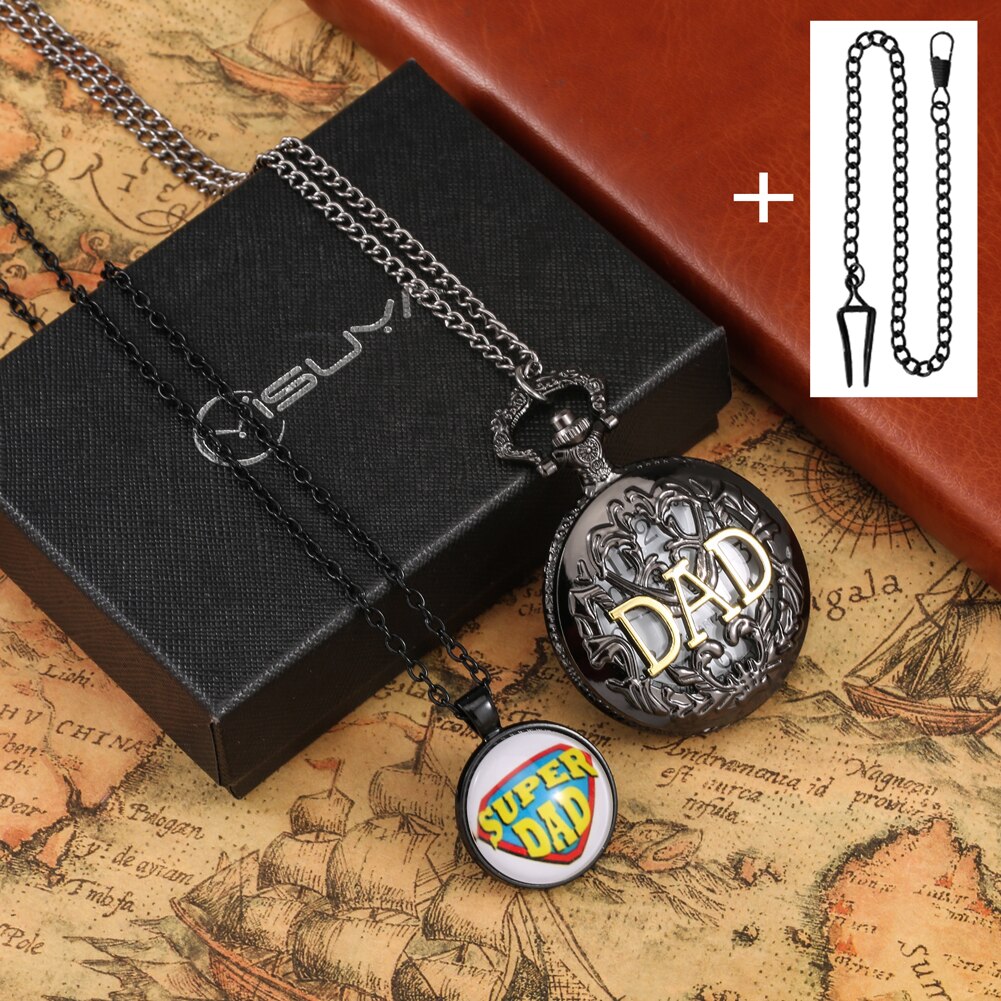 Vaders Dag Quartz Zakhorloge Hollow Gesneden Dad Zakhorloge Retro Creatieve Hanger Klok Ketting Ketting Super Dad