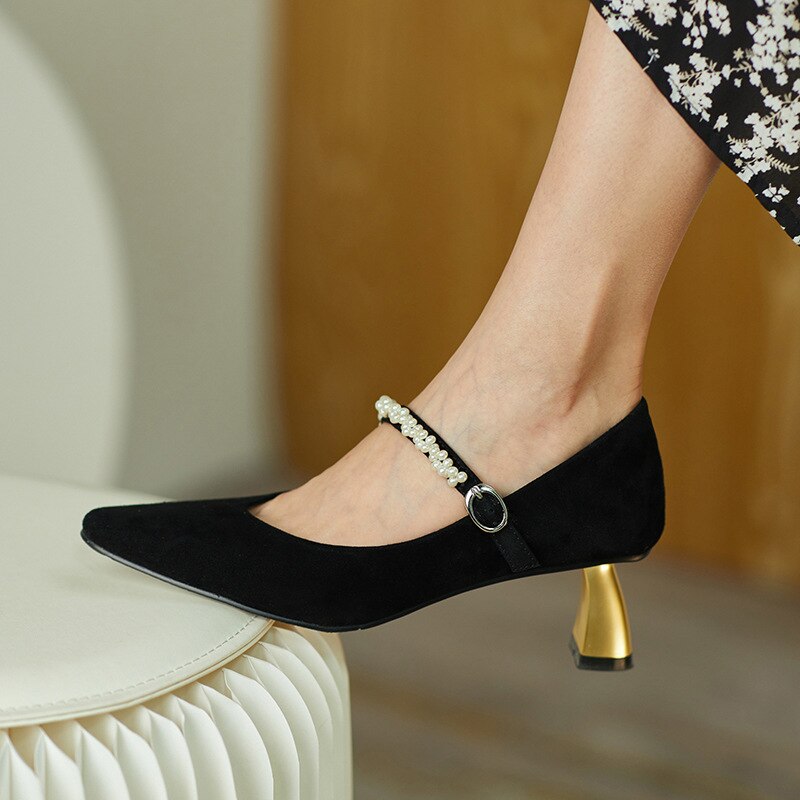 Parel Partij Schoenen Vrouwen Pompen Sexy Kleding Schoenen Voor Vrouwen Hakken Puntschoen Wedding Shoeskitten Hakken: Black / 5.5