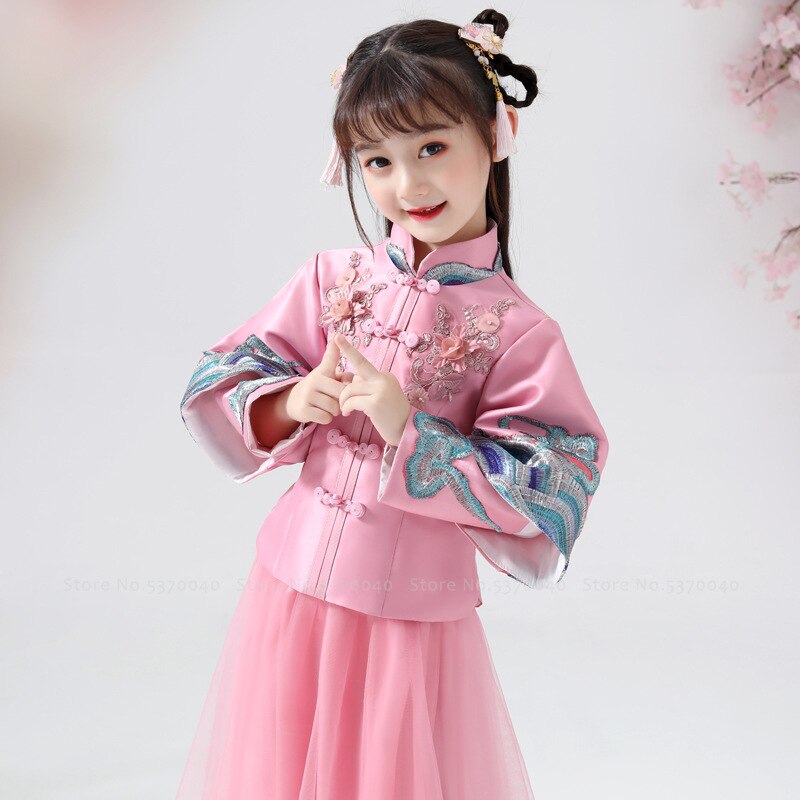 Cheongsam tradicional chino para niñas, traje Qipao Tang de manga larga, conjunto de vestimenta de Año , vestido de noche de princesa para niños