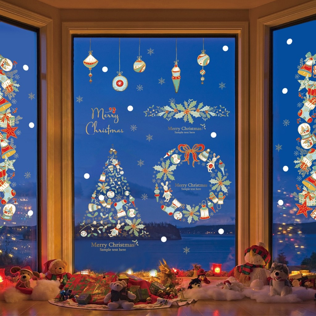 Kerst Gedrukt Muursticker Krans Kerstboom Huishoudelijke Window Room Muursticker Mural Decor Sticker Verwijderbare Window Decor