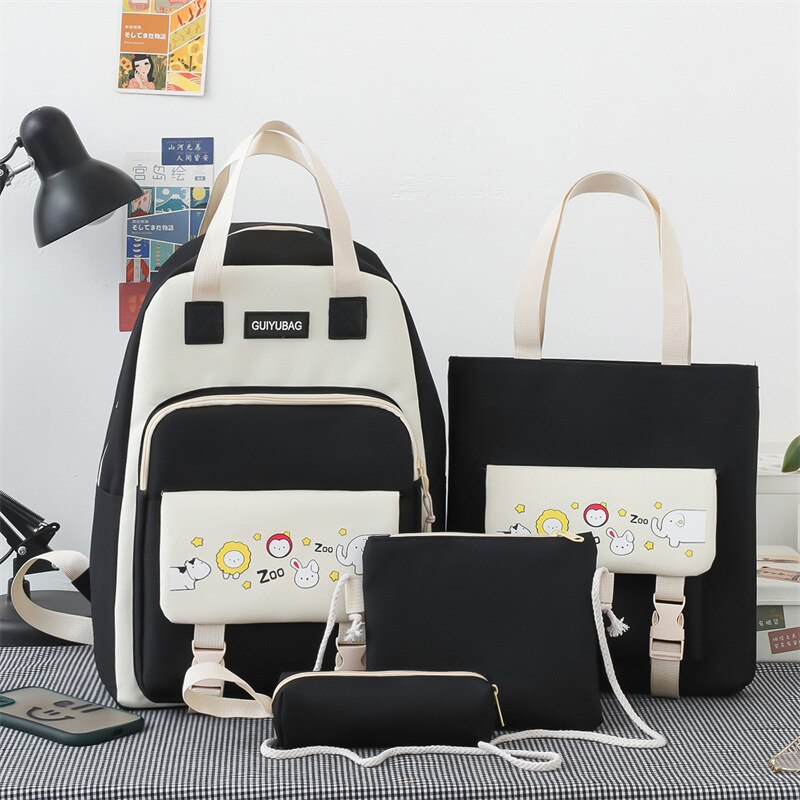 Qyahlybz 4 piece primary school student color matching bag middle school student backpack school children&#39;s girls backpacks: black