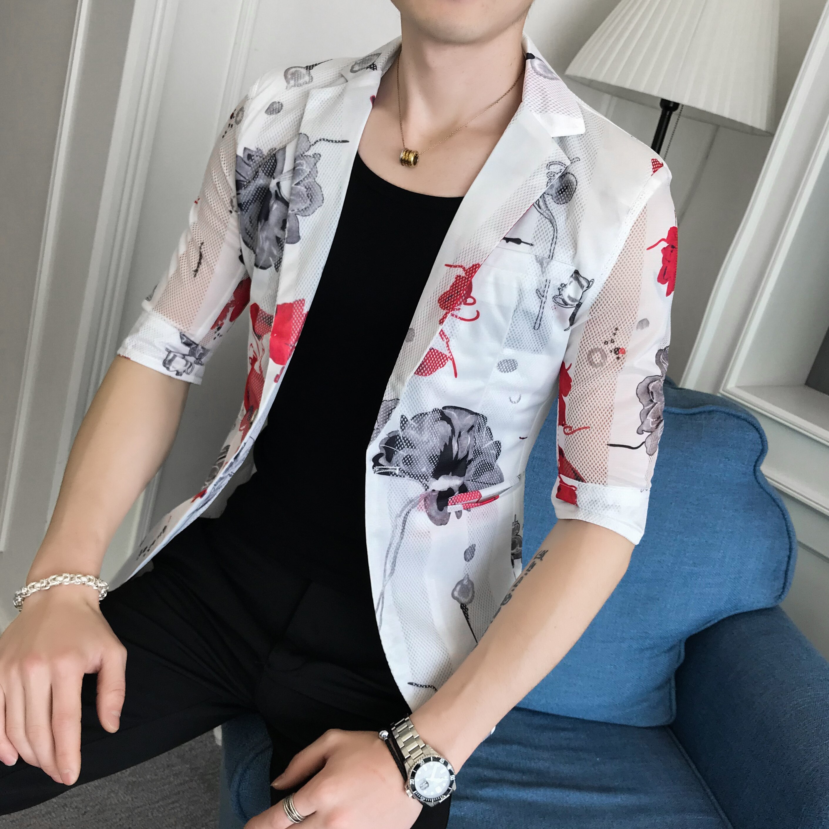 Men Blazer Thin Summer Print Hollow Suit Jacket Single Button Half Sleeve Male Nightclub Slim Fit Party Blazers