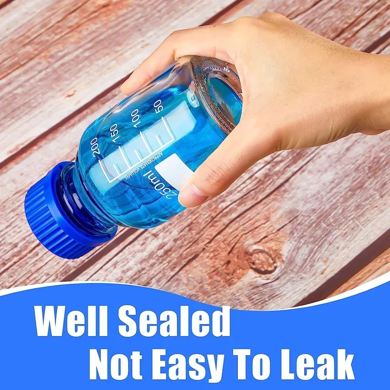 Botellas de almacenamiento de medios de vidrio redondas graduadas, color marrón/transparente, 25-1000ml, con tapas de tornillo GL45 azules para líquidos reactivos de agua de laboratorio, 1 Uds.