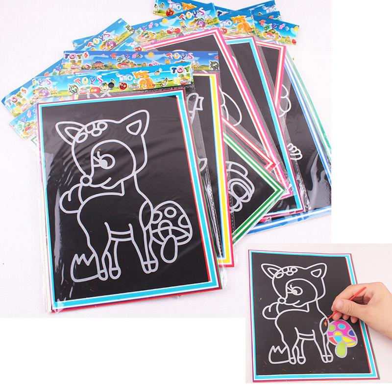 10 Sheets Colorful Magic Scratch Art Painting Paper Children Painting Paper Free Drawing Pen