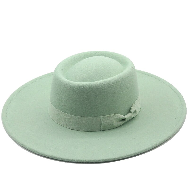 9.5 Cm Wide Brim Plain Black Flat Top Hat Boater Women Wool Fedora Felt Hats with Bowknot Vintage Church Wedding Panama Cap: Mint green