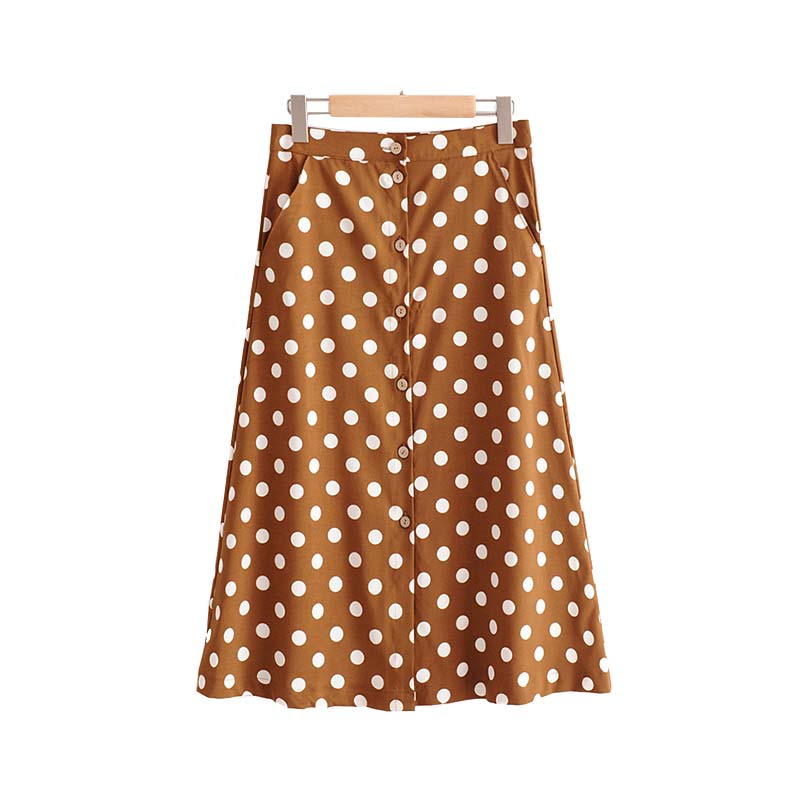 Vadim mujeres vintage dot print midi falda de botones bolsillos una línea Damas casual verano faldas de media pierna falda mujer BA022: L