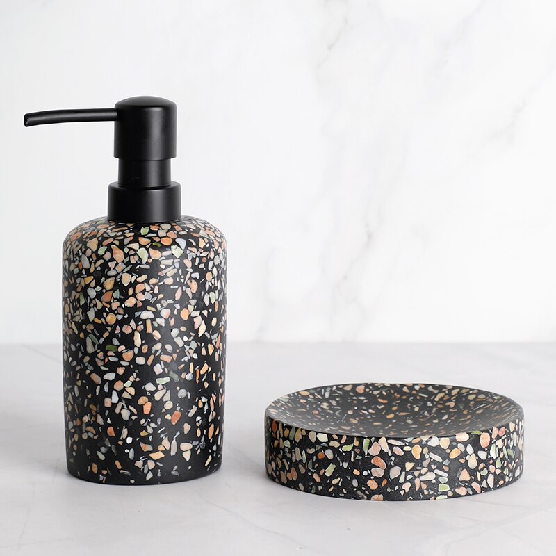 Badeværelsestilbehør sæt sort terrazzo harpiks tandbørsteholder sæbedispenser pumpe flaske tandpasta dispenser sæbeskål: 2 stykker c