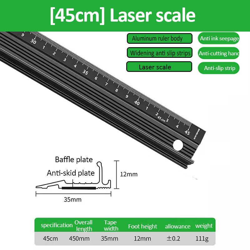 Règle droite multifonctionnelle en alliage d'aluminium de haute précision, 20/30/45cm, Anti-coupure, marquage des mains, pour la mesure du dessin: Or