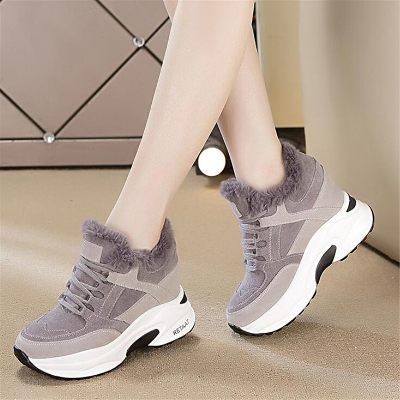 Damesschoenen winter sneakers warme bont dikke platform pluche casual schoenen comfortabele dames wedge sneakers feamle  y957: Grijs / 38