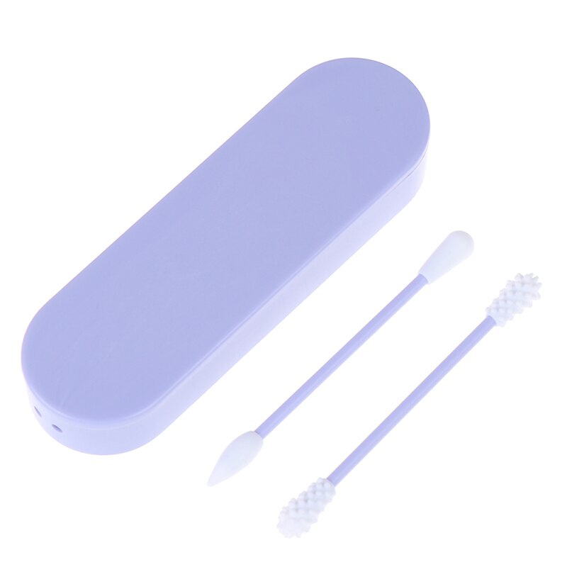 2Pcs Reusable Cosmetic Cotton Swab Double Head Ended Clean Cotton Swabs Ear Clean Set Includes Storage Silicone Cotton Box: BL