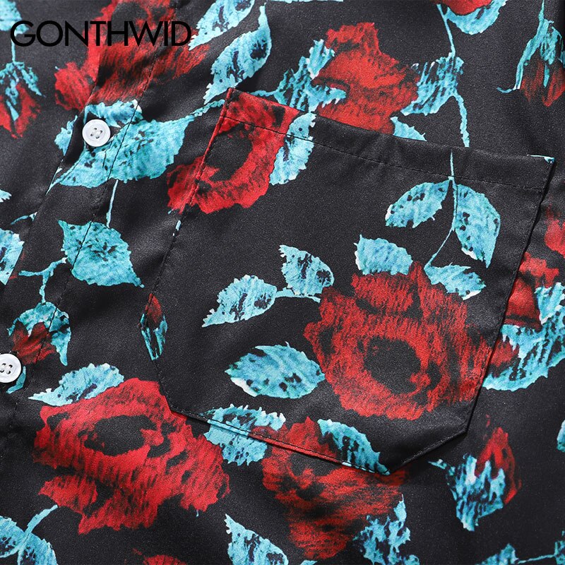 Gonthwid Bloemen Print Hawaiian Strand Shirts Mannen Zomer Casual Bloemen Tropische Korte Mouw Shirts Aloha Button Tops