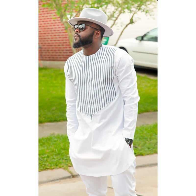 Afrikaanse Man Kleding Traditionele Mannen Print Style Lange Mouwen Wit Kleur Volwassen Blouse Kleding Rijke Bazin Dashiki: L
