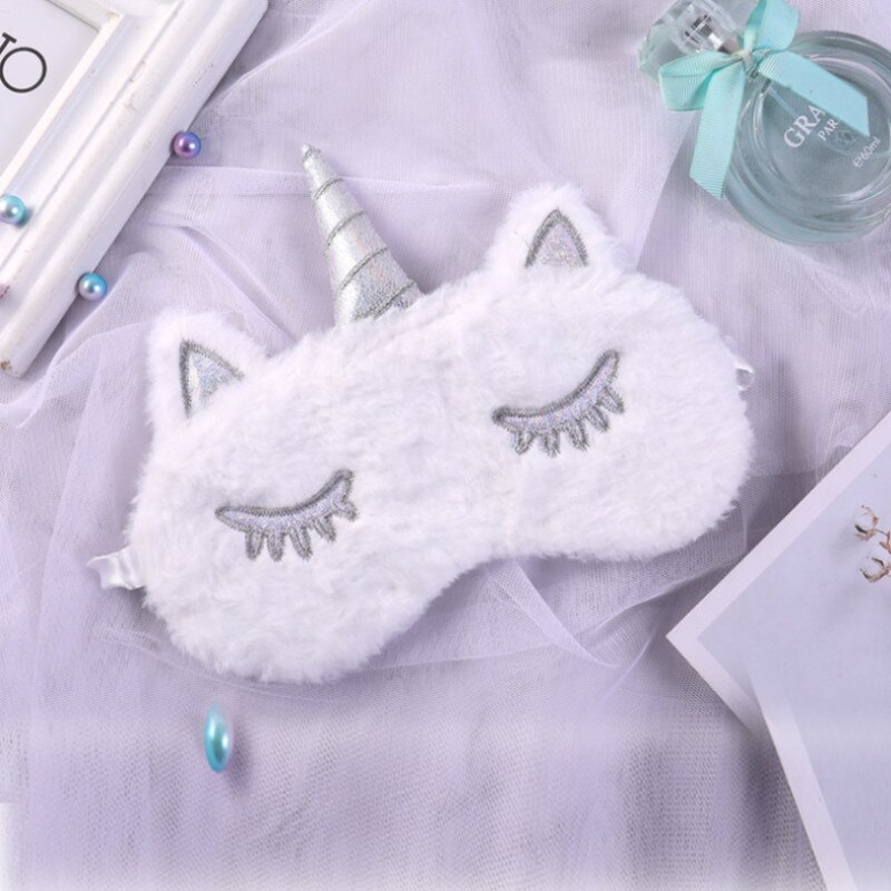 3D dessin animé licorne oeil masque soie variété masque de couchage en peluche oeil ombre couverture vue Relax masque pour voyage maison fête: White 2