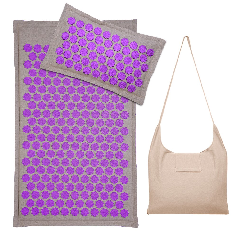 Estera de acupresión con punta de loto, cojín de lino natural, palma de coco, cuello trasero, masaje de pies para interior, almohada de Fitness para gimnasio en casa: 3pcs gray purple