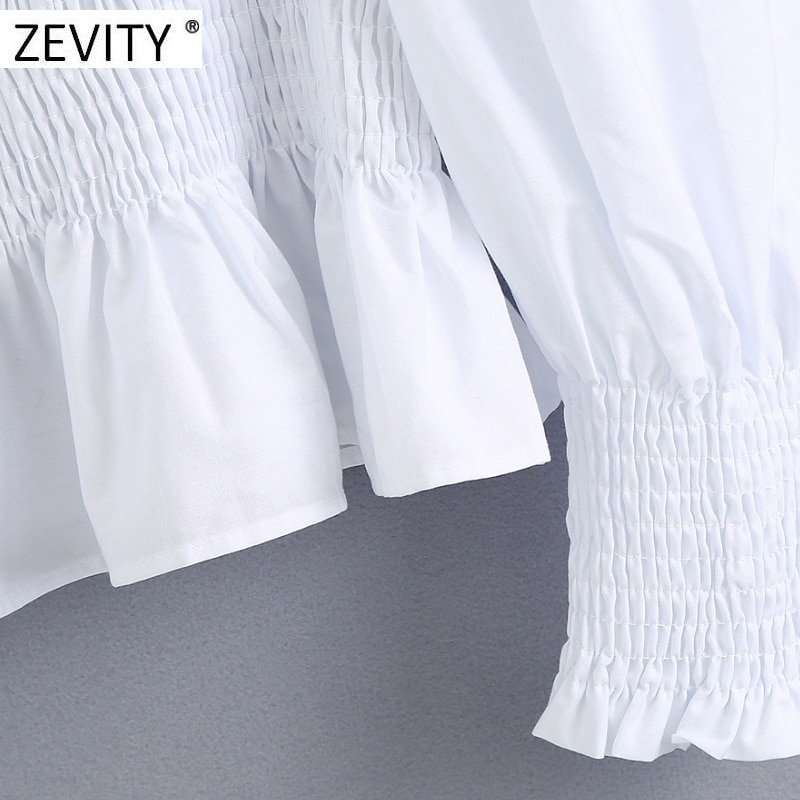 Zevity dames vierkante kraag elastische poplin smock blouse dames pofmouw slanke witte shirts chique cropped tops  ls7033
