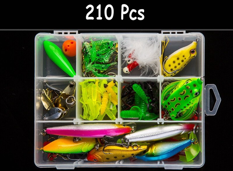 Multi fiskeri lokkesæt spinner crankbait minnow popper vib blød hård ske crank lokkemad fiskekroge tilbehør til redskabsboks: 210 stk-e