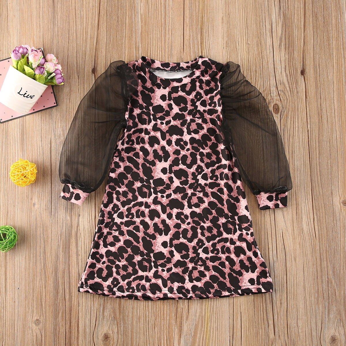1-6Y vestido de para niñas pequeñas vestido estampado de leopardo largo de encaje Puff manga hasta la rodilla vestido de línea a