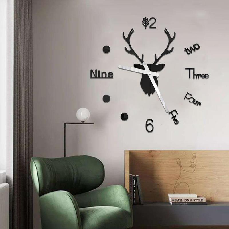 bricolage 3D horloge murale miroir Stickers muraux cerf grand mur vivant Quartz horloge tête chambre Art maison décor autocollant Q0H4