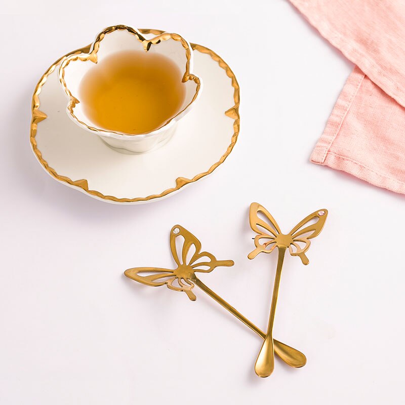 Farfalla d'oro stereo Trapano Cucchiaio Piatto Tazza di Caffè Tazza di Tè del Pomeriggio Farfalla Cucchiaio