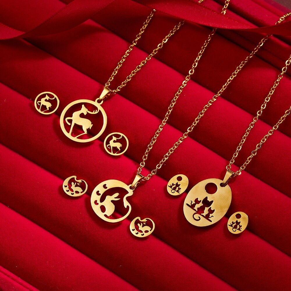 Rinhoo Cute Cat Pig Horse Gold Color Stainless Steel Sets Pineapple Heart Deer Necklace Earrings Jewelry Set Wedding Jewelry