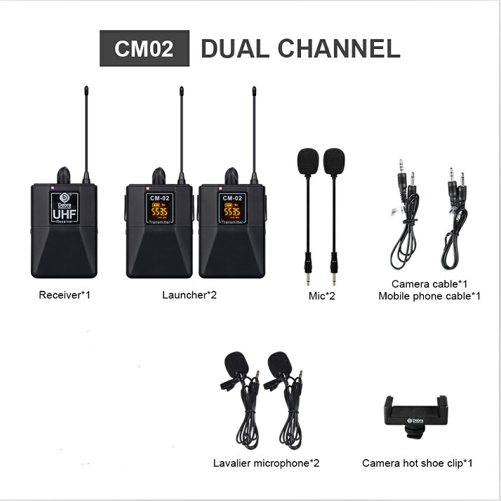 CM Series UHF Wireless Lavalier Microphone With 30 Selectable Channels 50m Range For Smartphones DSLR Cameras Webcast: Dual-short mic