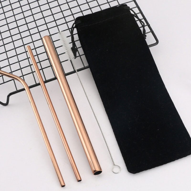 5PCS Reusable Metal Straw Eco Friendly 304 Stainless Steel Straw Cleaning Brush Pink Drinking Straws Bubble Tea Bag Pouch Set: rose gold