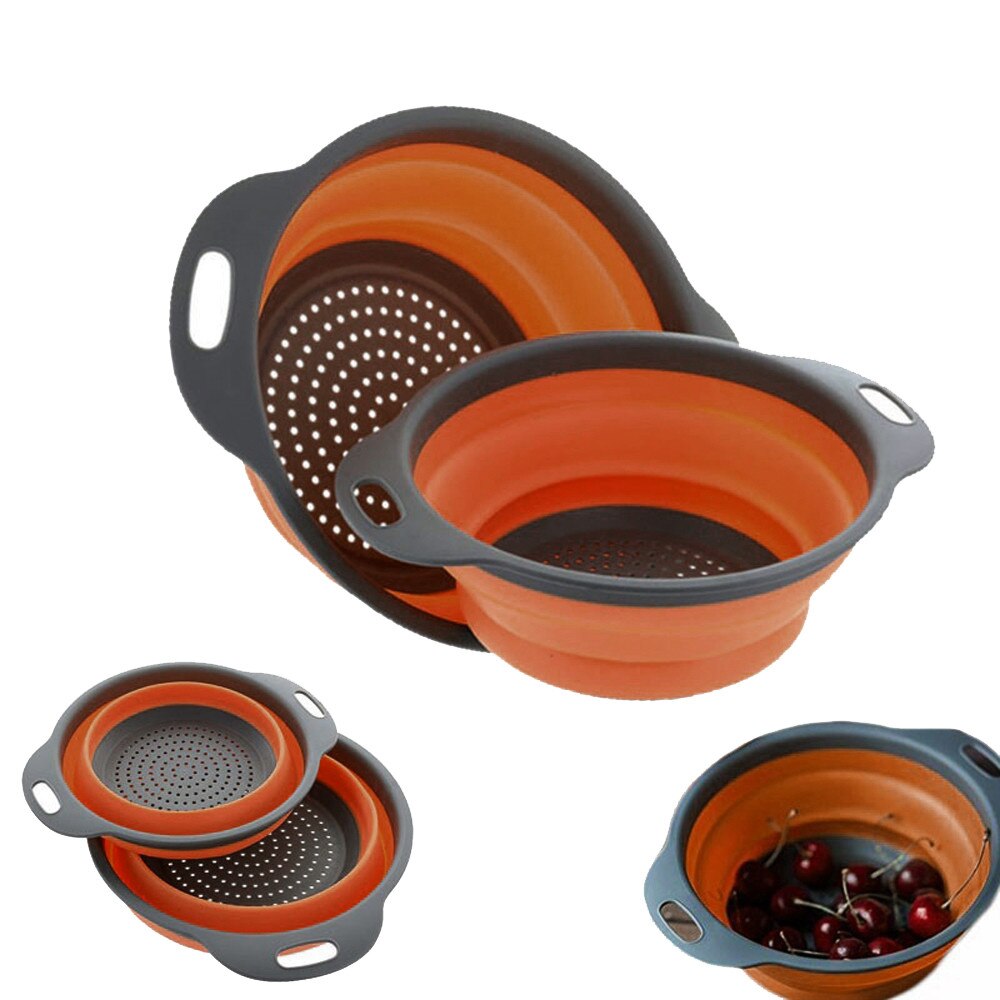 2 Pcs Collapsible Silicone Colander Foldable Drain Strainer Basket Fruit Vegetable Washing Basket Strainer with Handle Kitchen