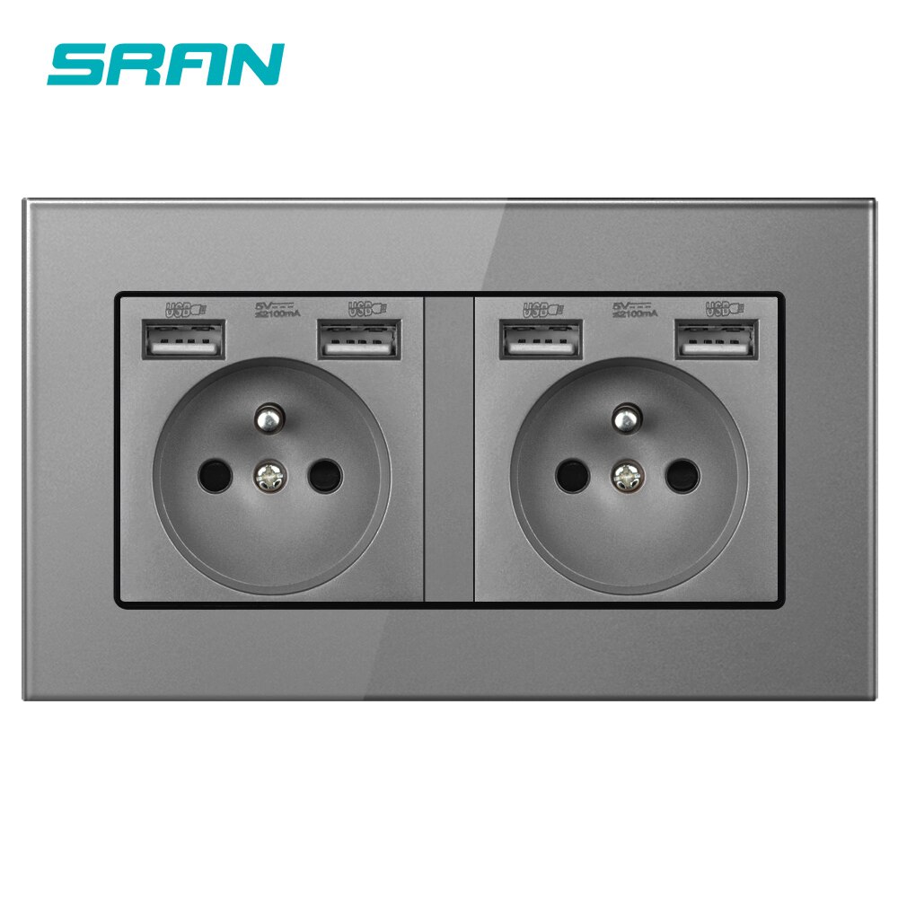 Wall 16A French Multi Power Socket Plug Grounded Electrical Socket with usb outlet strip 146 crystalglass panel family hotel: Gray A6