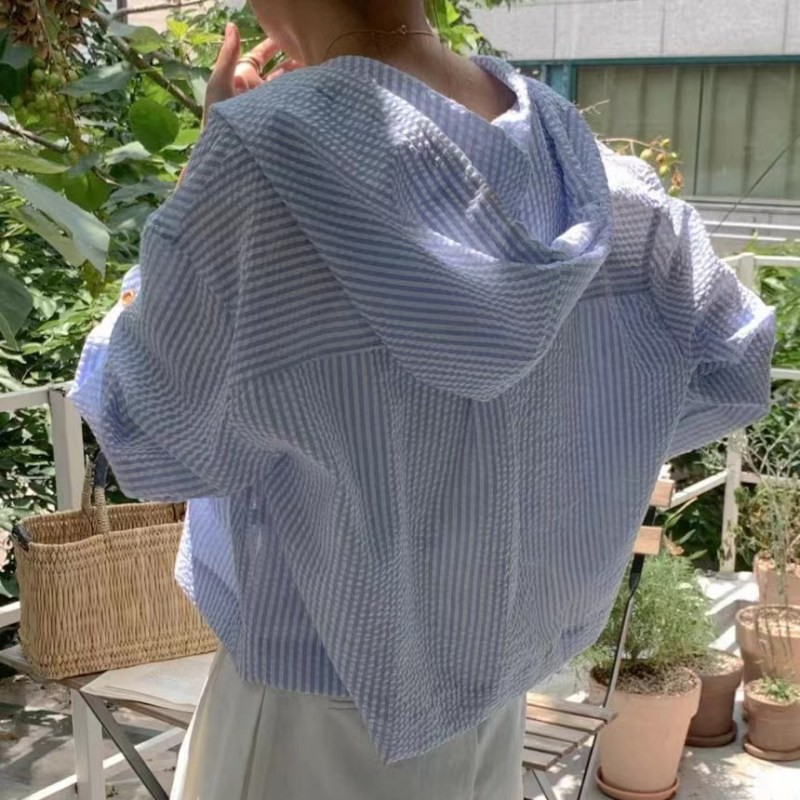 Dameskjorter sommer stribet løs afslappet alsidig enkeltradet langærmet solbeskyttelse hættetrøje cardigan top