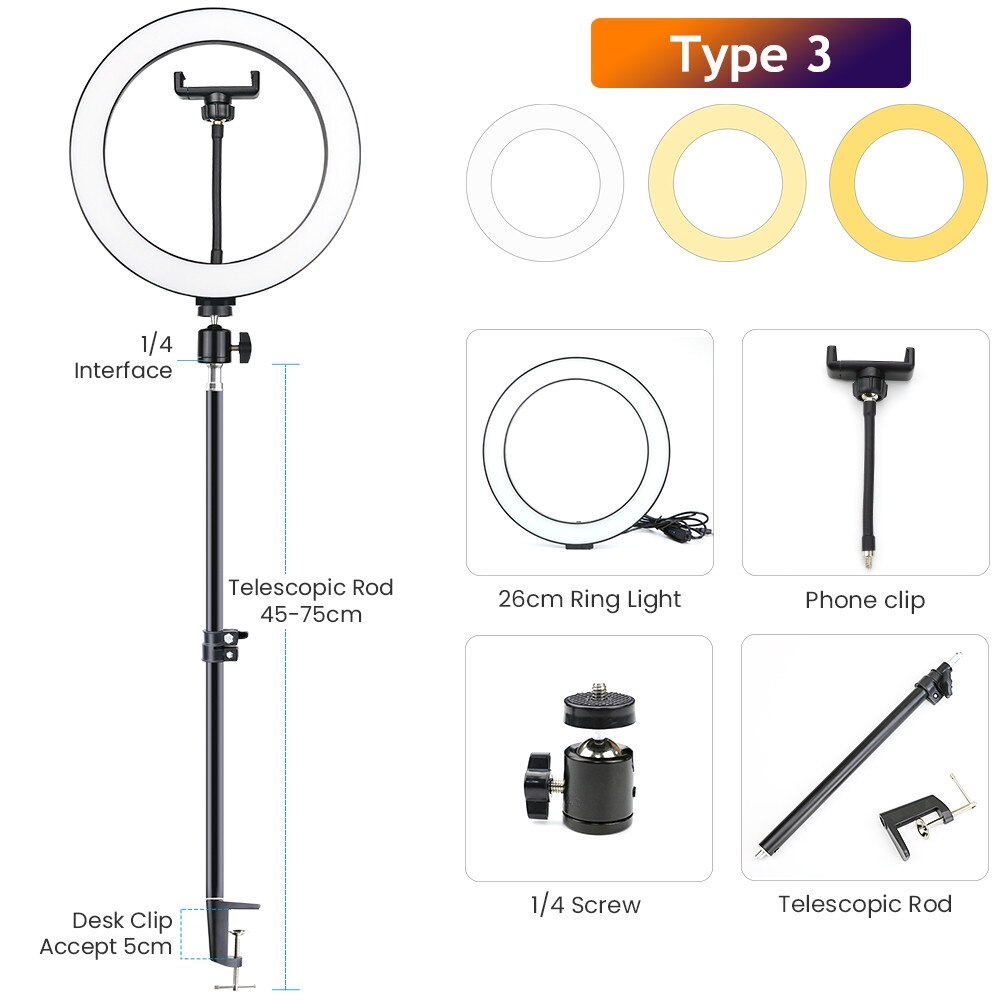 LED Ring Light - Dimmable Selfie Lamp with Stretchable Phone Holder Clip for Live Photo Studio: Type 3