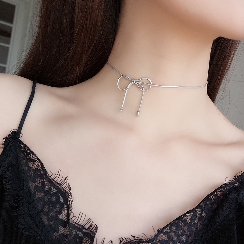 Mode Eenvoudige Goud Zilver Kleur Boog-knoop Korte Choker Vrouwelijke Charme Sleutelbeen Kettingen Kraag Choker Ketting Partij Sieraden Bijoux