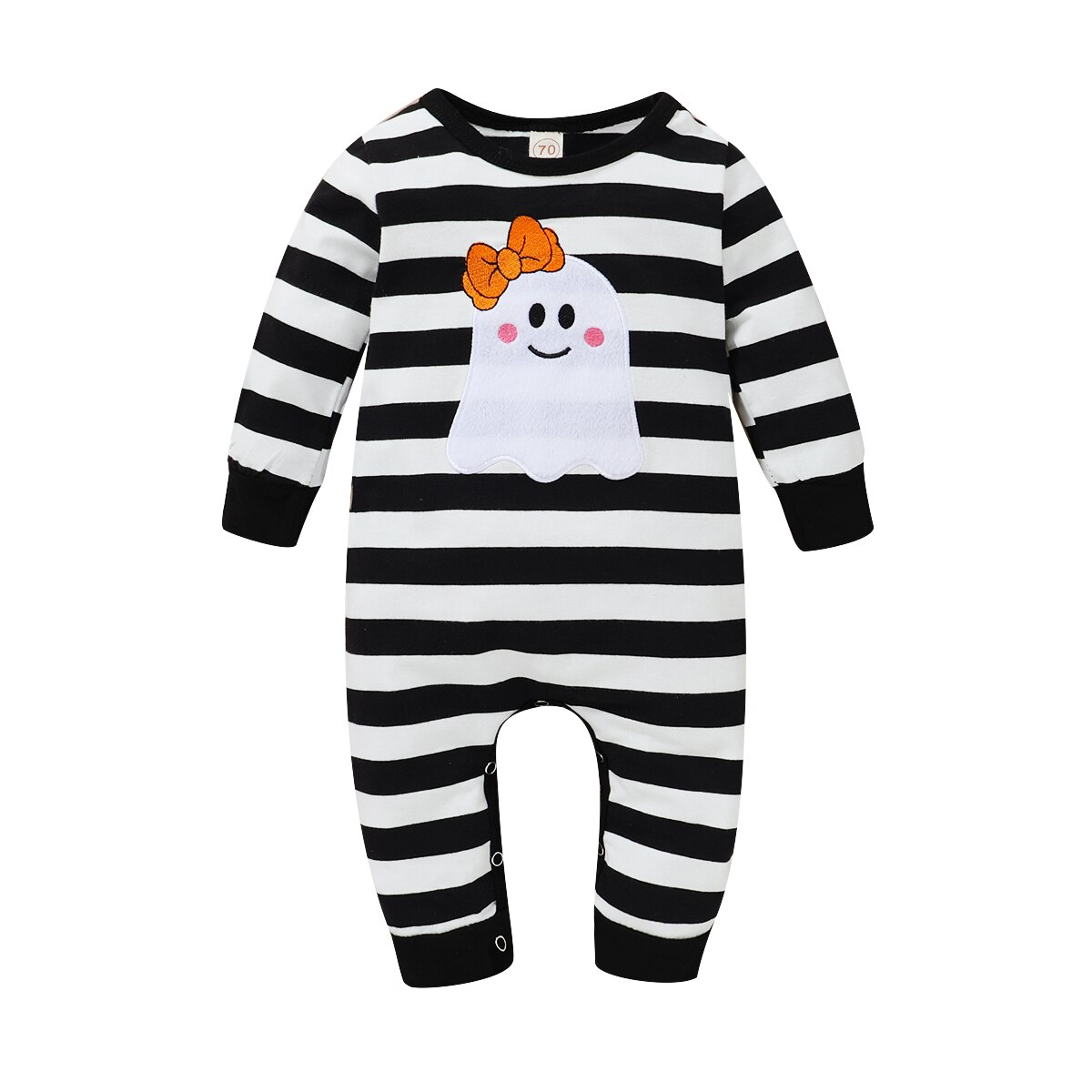 Nyfödda flickor halloween tacksägelse jul jumpsuits rund hals långärmad tecknad rand rutig lång romper overall kläder: A / 18m