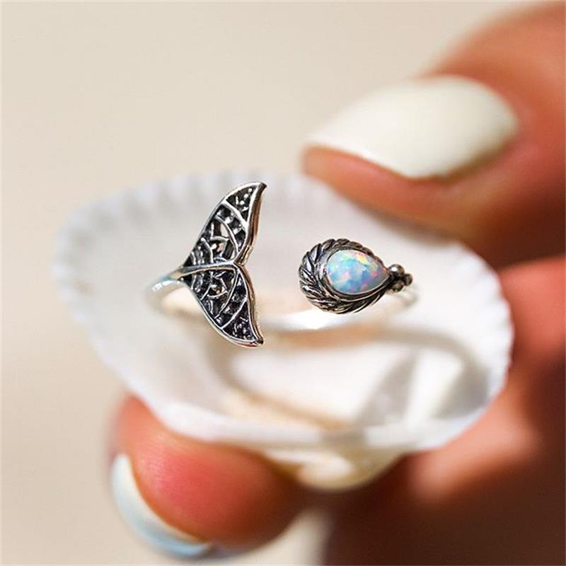 Fisk hale ild opal ringe til kvinder sølv farve forlovelsesring smykker justerbar ring