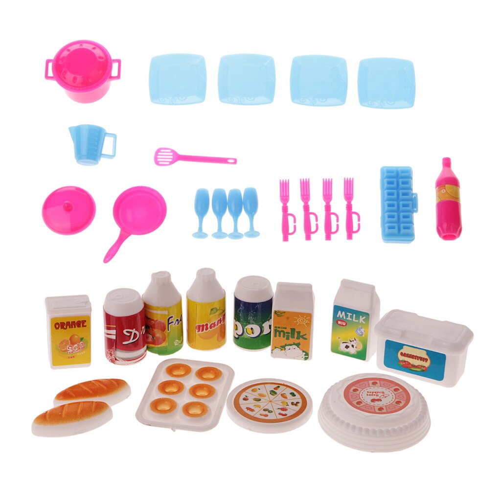 30pcs Dollhouse Plastic Kitchenware & Food Set for Doll Accessories