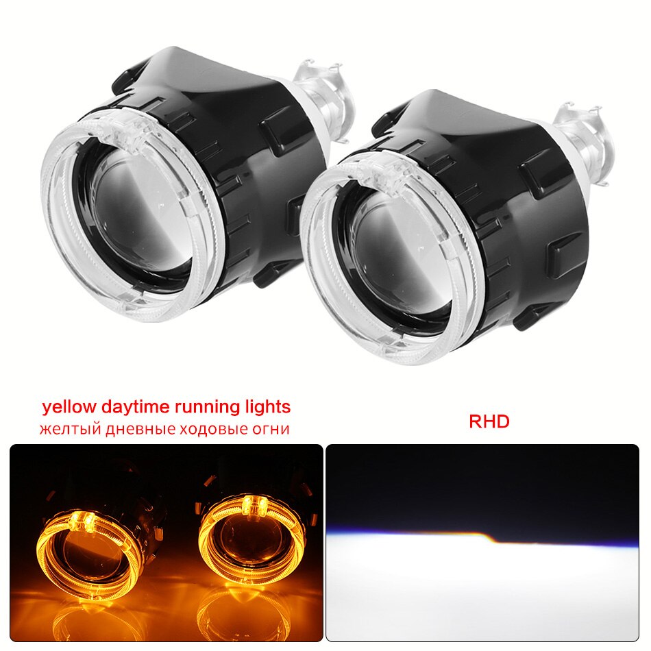 Aileo 2x 2.5 tommer led angel eyes bi-xenon projektor linse kørelys drl  h4 h7 h11 bil retrofit styling brug  h1 lys universal: Sort gul rhd