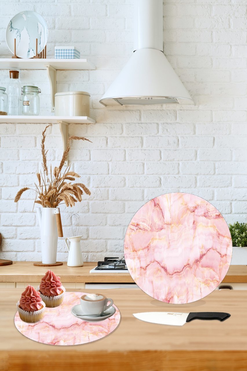Pink Marble Look Style Glass Cutting Board Kitchen Chopping board Pink Glass Healthy Oval Cutting Board 32 cm diameter