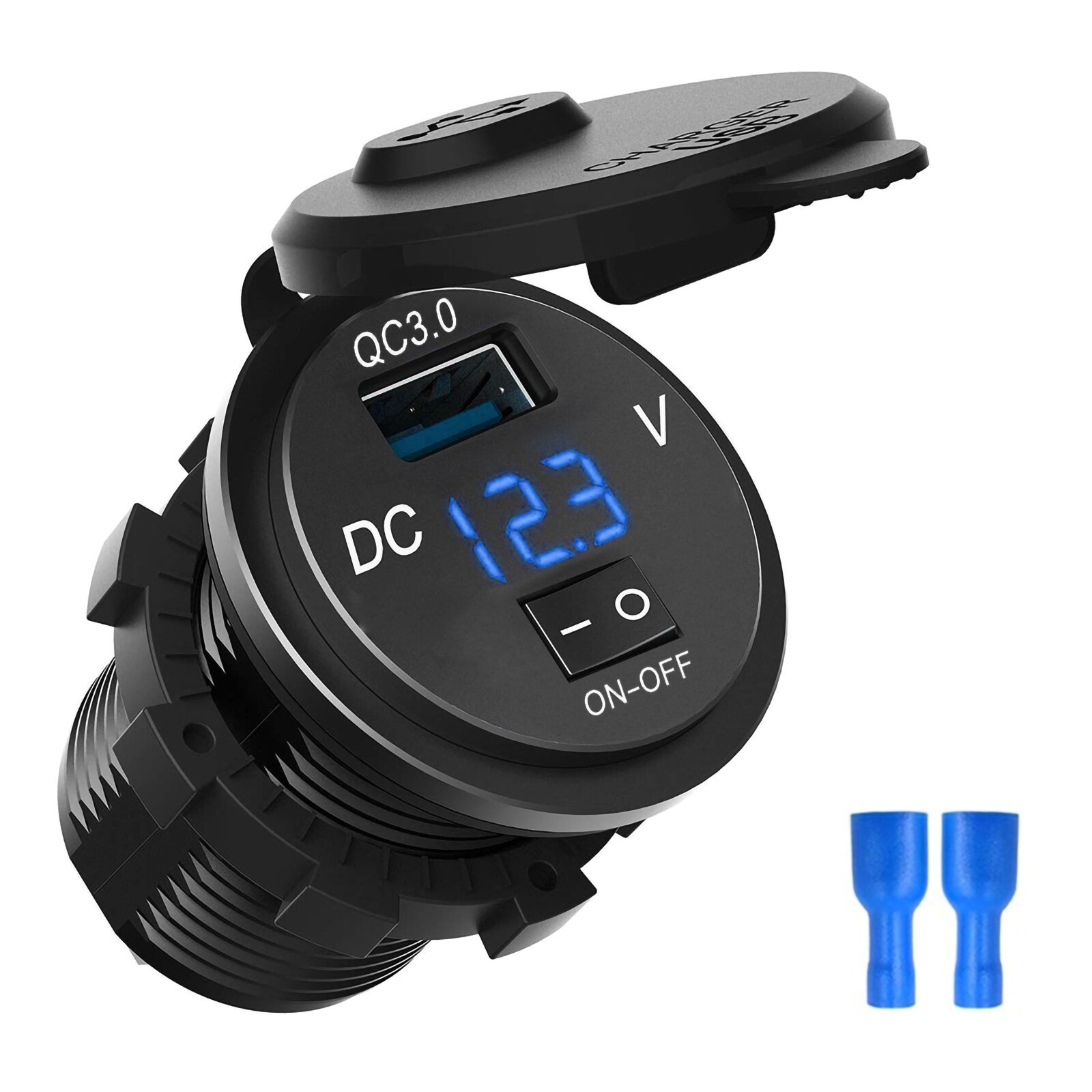 schnell aufladen 3,0 USB Auto Ladegerät Steckdose Digital Anzeige Voltmeter AUF-aus Schalter für Auto Marine ATV Motorrad: Blau