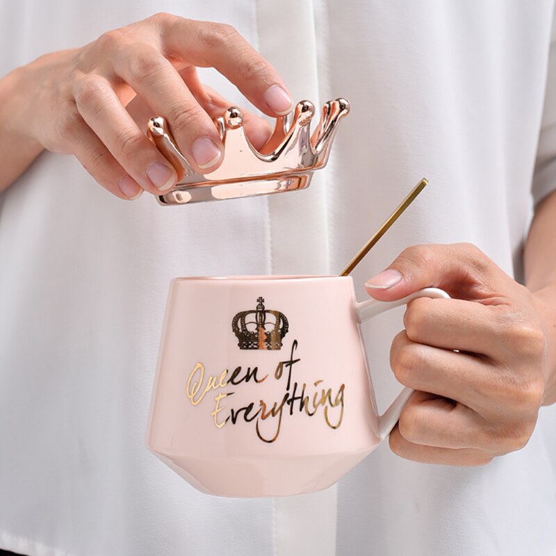 Criativo coroa cerâmica caneca rosa bonito caneca de café nórdico copo de leite com colher tampas café xícara de chá canecas de água lembranças do feriado presente