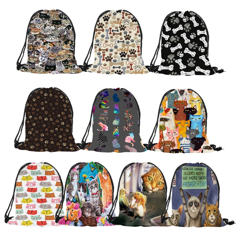 Populares bolsos con cordón para dibujo de huesos de gatito para niños y niñas, mochilas escolares, morrales de viaje, bolso de hombro