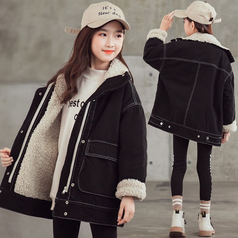 Winter Black Jackets for Girls Plus Velet Thick Turn-down Collar Coats manteau fille Cool Female Children Clothing Teens