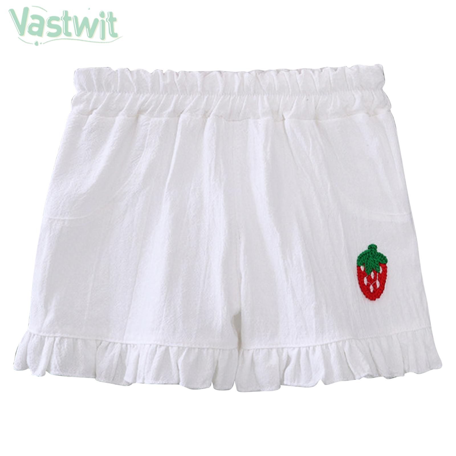 Short à volants pour filles, mignon, décor fraise, taille élastique, garniture à volants, couleur unie, vêtements d'extérieur, pantalons en coton pour un usage quotidien