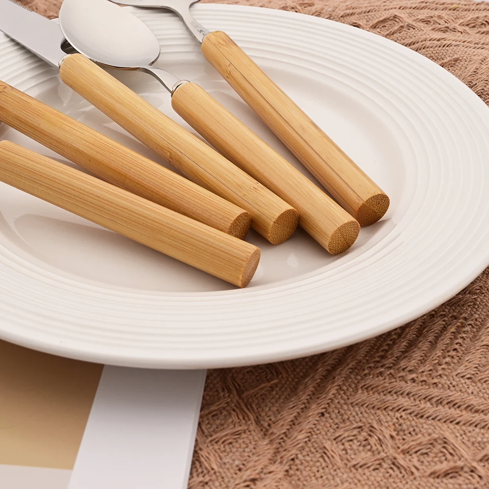 5-delige bamboe handvat serviesset houten handvat mes vork lepel bestek set roestvrijstalen bestek keukenservies