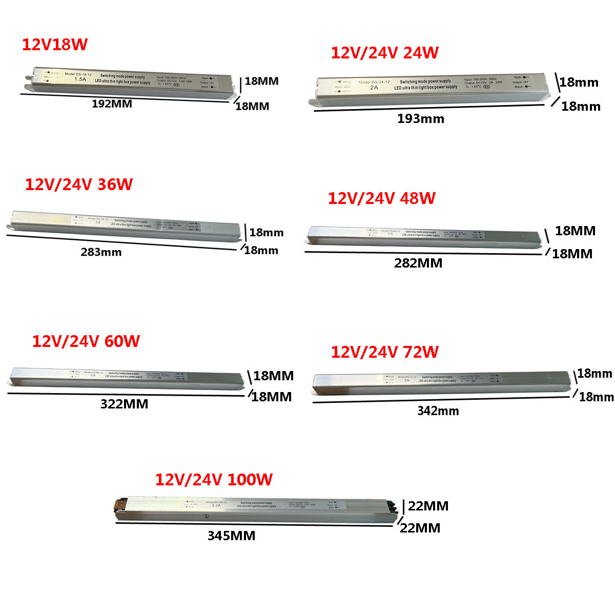 LED Driver 18W 24W 36W 48W 60W 72W 80W 100W 110-260V AC/DC 12V 24V Ultrathin Switching Power Supply Lighting Adapter Light Strip
