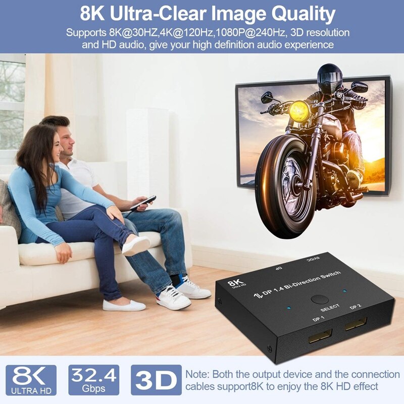 Displayport Switch, 8K Bidirectional DisplayPort 1.4 Switch Converter DP 1 X 2 Splitter for PC Projectors Monitors