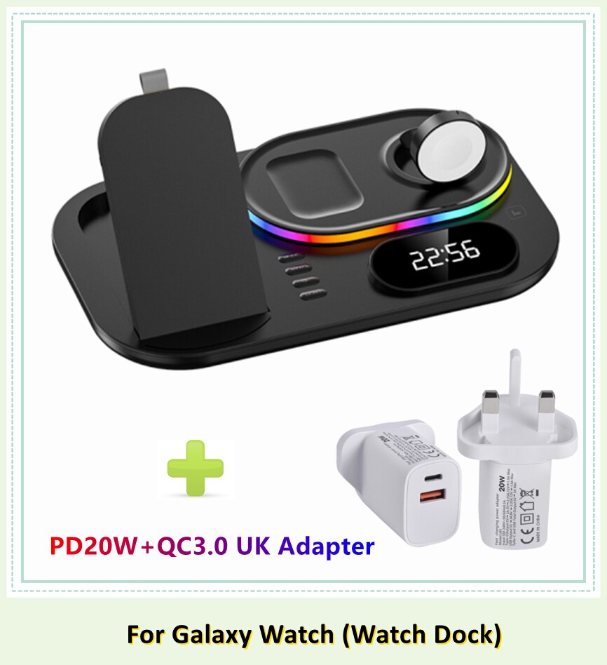 Galaxy Watch RGB 30W Wireless Charger Dock Qi 4 in 1 Charging Station Compatible with Apple Airpods iPhone Samsung S21 Note 20: Black Galaxy UK Plug